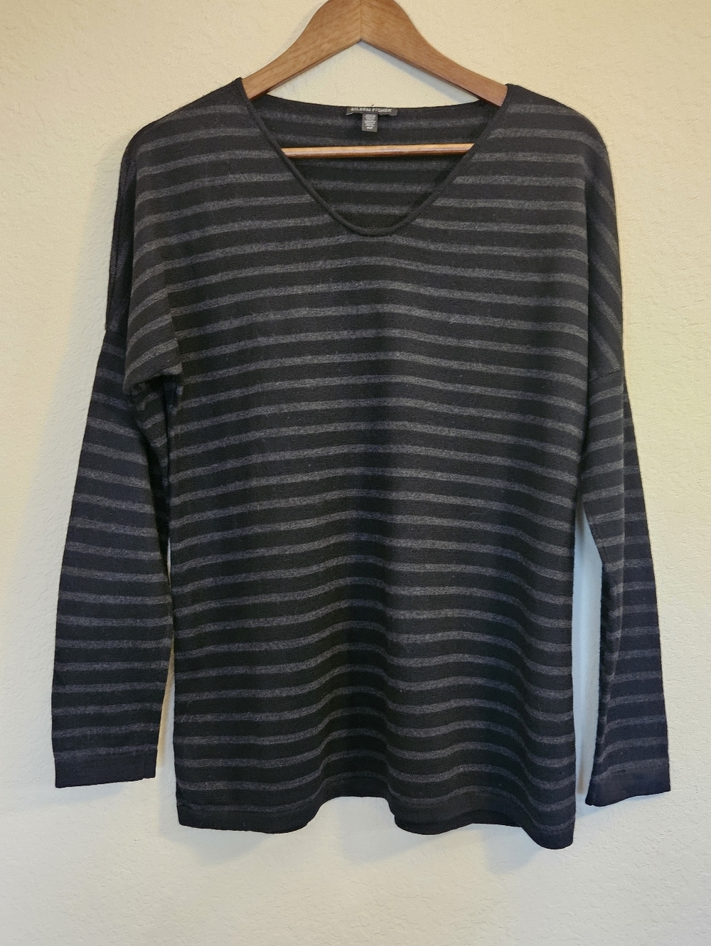 Eileen Fisher Merino Wool Sweater Womens Size S/P Black Grey Stripe Minimalist